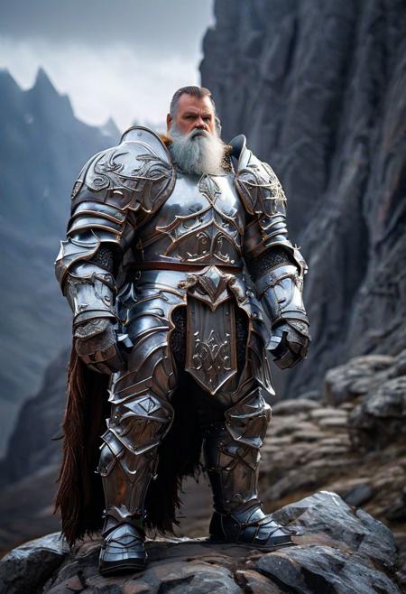 a fantasy male dwarf, standing in shiny armor, backround fantasy rocky mountain, beard, grey colored armor, polished armor, stocky, volumetric light, long beard, epic color, epic photography, hkstyle