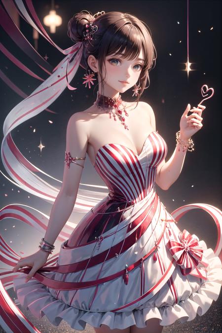 <lora:wrenchsweettail:1>, wrenchsweettail, 1girl, light smile, striped dress, jewelry, ribbon,