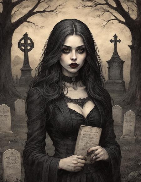 on parchment head and shoulders goth girl vampire fangs in a cemetery late afternoon tall trees and elaborate grave stones dark chiaroscuro