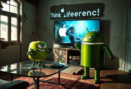 "In a dimly lit, decaying Italian apartment, a cartoonish green apple with exaggerated, glaring eyes and twisted limbs faces off against the iconic Android logo robot. The apple, perched on a cracked glass coffee table, sports a menacing grin and clenched, vine-like fists. Opposite it, the Android robot, its green metallic surface tarnished and scratched, stands in a defensive stance with malfunctioning, twitching antennae and a glare from its flickering eyes.
The massive OLED TV on the wall displays a vivid Apple computer commercial, casting a cold, flickering light that illuminates the tense standoff. Shadows from the TV’s bright visuals stretch and distort across the room, adding a dramatic effect to the confrontation.
Above the TV, a warped cardboard sign reading 'Think Different!' with jagged, irregular lettering hangs, its flickering LEDs casting eerie, shifting shadows on the peeling stucco walls. The room, once elegant with exposed brick and wooden beams, now feels oppressive and claustrophobic, filled with the scent of mildew. The green apple’s glossy skin and the Android’s rusty body gleam under the unsettling light, emphasizing their contrasting forms and the bizarre, hostile encounter in this decrepit, tech-infused setting."