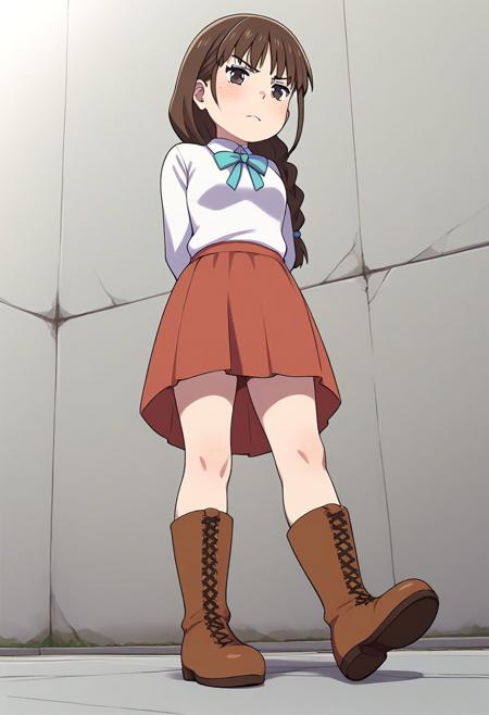 jyushimatsu's_girlfriend, brown hair, braid, freckles, brown eyes, neck ribbon, white shirt, red skirt, cross-laced footwear, boots, jyushimatsu's_girlfriend, brown hair, braid, freckles, brown eyes, bodysuit, swimsuit, jyushimatsu's_girlfriend, brown hair, braid, freckles, brown eyes,