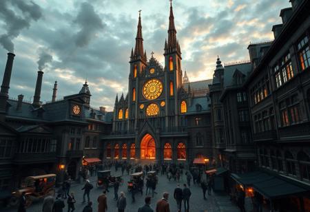 A bustling European city inspired by Victorian-era industrial architecture. Intricate ironwork, soot-covered stone facades, and towering chimneys spew smoke over the busy cobblestone streets filled with mechanized carriages and bustling crowds. At the city's heart stands a grand fantasy cathedral dedicated to the God of the Eternal Blazing Sun. Its radiant golden spires rise toward the sky, while stained glass windows depict celestial scenes, casting divine light across the square.
The cathedral’s gothic arches and sun symbols glow with an ethereal energy. The central sun disk hovers, radiating warm light, a stark contrast to the surrounding dark, soot-covered buildings. The city’s gas lamps flicker against the rough stone, while the cathedral glows with divine radiance. The mix of industrial grit and divine beauty creates a striking atmosphere as the city comes alive beneath the dramatic evening sky.
As dusk falls, the celestial aura intensifies, casting long shadows, while distant bells chime, summoning worshippers toward the golden-lit pathways of the cathedral. Ultra-realistic, 32k, Masterpiece, High Quality, with High Detailed Skin and Realistic Lighting, capturing the beautiful, intricate background in stunning detail. Official art, emphasizing epic, detailed realism.
(Ultra Realistic:1.0), 32k, (Masterpiece:1.0), (High Detailed Skin:1.0), (High Quality:1.0), (Detailed Realistic Background:1.3), (Official Art, Beautiful:1.2), (Realistic Lighting:1.0).