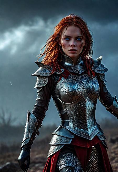 Ultra detailed digital art masterpiece Warrior vampire girl dressed in a iron Armor and winter coat, Standing on a bloody and stormy battlefield, standing in combat pose, dark fantasy medieval Town, perfect lighting, beautiful Sadie Sink as Warrior vampire girl, attractive woman, elegant, sinewy athletic body, unreal engine 5 nanite quality, mixed with dark elements, dark environment, very cold winter night, clean dark velour witch clothing, LOTR style, dark washed out eyeliner, no make up, natural pale bloody face, realistic blue eyes, ultra detailed atmospheric details, beautiful glowing effects, sparkle effects, realistic body proportions, beautiful face proportions, complex masterpiece, wavy red hair, creative glowing detailed tattoos, complex physics, enhanced colors, complimentary colors, ultra detailed raytracing reflections, Ultra detailed complex background, environment feels alive, direct eye contact, dramatic lighting, wet and sweaty skin, beautiful firm Breasts, Concept art portrait by Greg Rutkowski