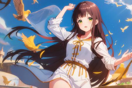 masterpiece, best quality, detailed, wallpaper, 
solo, 1girl, 
<lora:chiya_v3:1>, 
blue long sleeve, scarlet shirt, gold shawl, 
raise arm, look up head, jumping leg, pick up hand, 
seaside, 
yellow birds, sky blue birds, black cake pans,