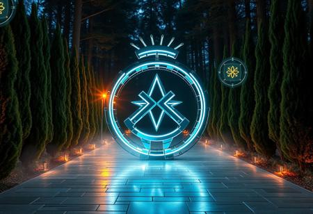 “A cinematic, high-tech reinterpretation of the Algiz rune set within an Italian-inspired forest scene, captured with a Sony prime lens for sharp clarity and rich tonal contrast. The Algiz symbol is now an ultra-modern, metallic structure, glowing in sleek, neon blue and white LED lines that pulse with a soft hum. It stands amidst carefully manicured cypress trees and polished stone pathways, reminiscent of Italian landscape design. The symbol’s reflective surface mirrors the surrounding lights, casting a web of intricate, high-tech patterns across the ground and nearby trees. Warm, sophisticated lighting illuminates the scene from below, reminiscent of Italian architectural lighting that highlights each curve and line of the structure with precision. Floating holographic panels and glowing symbols hover in the air, lending an advanced, almost futuristic Italian flair. Mist rolls softly through, blending classic Italian elegance with cutting-edge technology, resulting in an atmosphere that feels both mystical and avant-garde, alive with layers of refined light.”