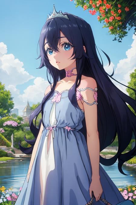 yoshimoto shizuka, 1girl, solo, long hair, bangs, blue eyes, dress, black hair, princess dress, hair between eyes, bare shoulders, collarbone, (blue dress), tiara, choker, upper body, ((petite)), (outdoors, park, flowers, pond, sky), (standing), high quality, ultra high res, (best quality:0.8), 8k, uhd, dslr, soft lighting, high quality, <lora:YoshimotoShizuka-000004:0.8>