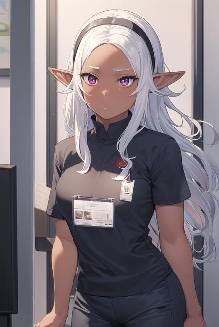 kuroeda, long hair, hairband, dark skin, dark-skinned female, white hair, (red eyes:1.3), (forehead:1.2), elf, pointy ears, short sleeves, hairband, pants, uniform, name tag, employee uniform,