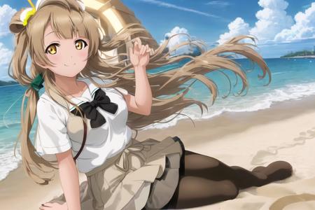 minami_kotori, 1girl, solo, <lora:minami_kotori_v3:0.8> (masterpiece),(best quality), (absurdres),(highres:1.1), outdoors, ocean, beach, horizon, cloudy sky, ((1girl)), hifumi \(blue archive\), (solo), sitting, (panties under pantyhose), white panties, looking at viewer, school uniform, pleated skirt, (halo), low twintails, collarbone, light brown hair, yellow eyes, (black pantyhose:1.2), light smile, blush