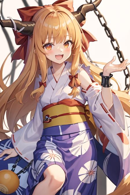 best quality, masterpiece, highres, solo, {yukata:1.40}, {kimono:1.20}, {ibuki_suika_touhou:1.15}, horns, bow, long_hair, hair_bow, ribbon, horn_ornament, sleeveless, horn_ribbon, smile, orange_hair, red_bow, chain, wrist_cuffs, bangs, open_mouth, very_long_hair, blonde_hair