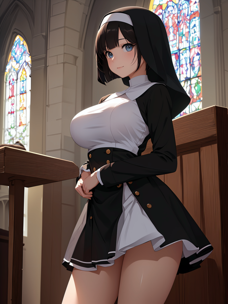 (anime,8k,masterpiece, top quality, best quality,beautiful and aesthetic:1.2,professional illustrasion:1.1,ultra detail:1.3,perfect lighting),extremely detailed,highest detailed,incredibly absurdres , highres, ultra detailed,intricate:1.6,
sisters praying with folded hands,light smile,
upskirt,nun uniform,pantyshot,church,(girl),(highly detailed beautiful face and eyes,big breasts:0.8,firm breasts),oiled skin,((black,hair,short bob with short pony tail hair)),thin pubic hair,cute,lovely