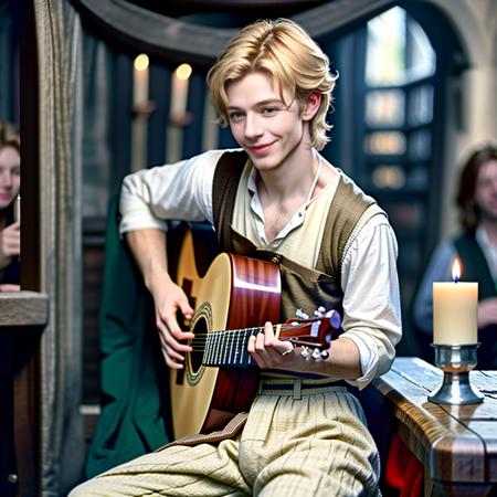  <lora:RPGBard:1> 1boy, bard, (pants:1.1), sitting, smile, vest, playing guitar, blonde hair, (white shirt:1.1), (realistic:1.3), 8k, (blurry background:1.3), people drinking in the background, candlelight:1.1, medieval tavern:1.1