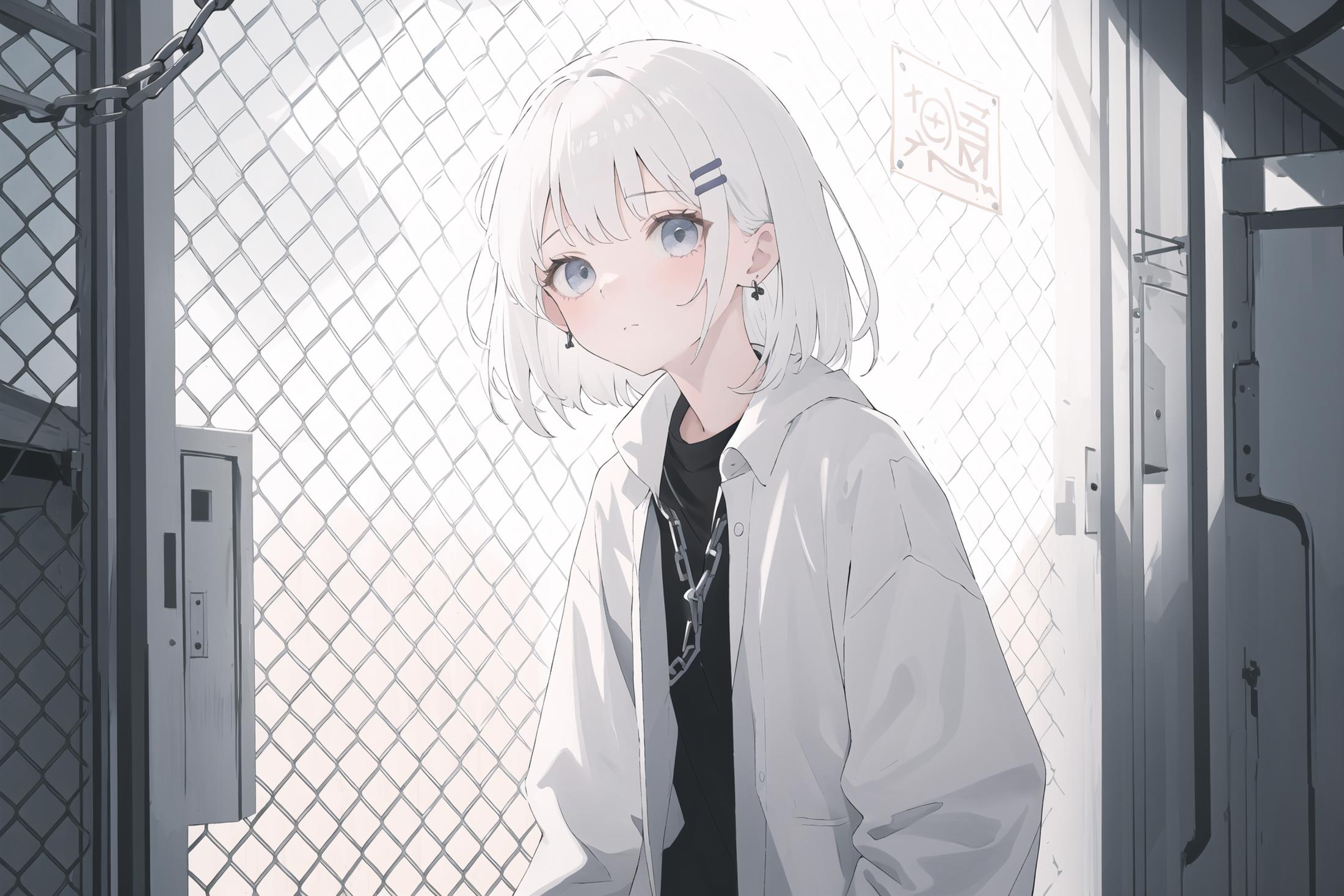 (best quality, masterpiece, highres),1girl,solo,white hair,closed mouth,hairclip,earrings,loose clothes,looking at viewer,...