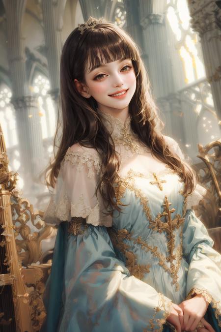 (absurdres, highres, ultra detailed), 1girl, solo, mature, aged up, (long hair, blunt bangs), Baroque, long dress, long sleeve, elegant, colorful, highest detailed, upper body, cathedral, holy, smile, (closed mouth), dutch angle