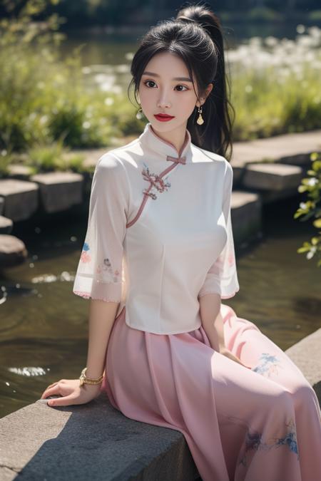 ltra-detailed,highly detailed,best quality,masterpiece,illustration,realistic,
mgftangzhuang, 1girl, solo, 
chinese clothes,shirt,hair ribbon,short sleeves, see-through sleeves,  long skirt, see-through, high heels, bracelet,
pink shirt, print clothes,
hair ornament,  jewelry,  earrings, 
sitting, full body, arms at sides,tying hair, looking at viewer, 
photo background, outdoors,riverbank,river, flower, grass, day,  depth of field, wind,
long hair, ponytail, bangs,
 <lora:mgftangzhuang_v1_03:0.7>