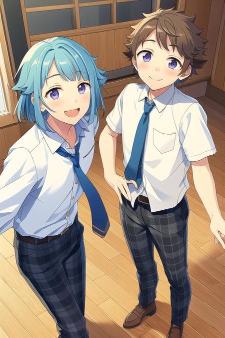 masterpiece, best quality, absurdres, cute, ultra-detailed, perfect anatomy, <lora:ensemble stars-000050:0.6>, ensemble stars, indoors, tenma mitsuru, smile, brown hair, shirt, school uniform, jacket, white shirt, male focus, necktie, shoes, pants, plaid pants, shino hajime, smile, blue hair, purple eyes, male focus, japanese clothes, 2boys