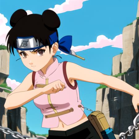 <lora:tenten-04:1>, tntn, 2 buns, short brown hair, "sleeveless pink shirt", open shirt, navel, girl, v eyebrows, crouching, armpits, black pants, rock, sky, side view, scrolls, weapons, chains