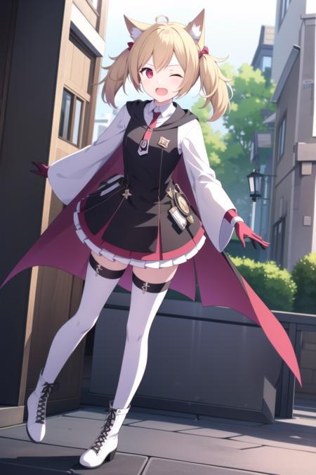 solo, 1girl, full body, open mouth, one eye closed, <lora:sora_v4NAI-000012:1>, sora, red eyes, white shirt, red necktie, pleated skirt, red skirt, black dress, black vest, black gloves, cape, white thighhighs, white footwear, lace-up boots