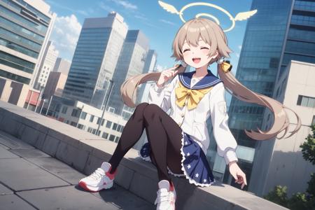 <lora:hifumi-t94-e6:1>
ajitani hifumi
, 1girl, petite
, halo, low twintails, light brown hair
, school uniform, black pantyhose, sneakers
, medium breasts, :d, closed eyes, solo, full body, happy.     
building, sky, city.
close-up.