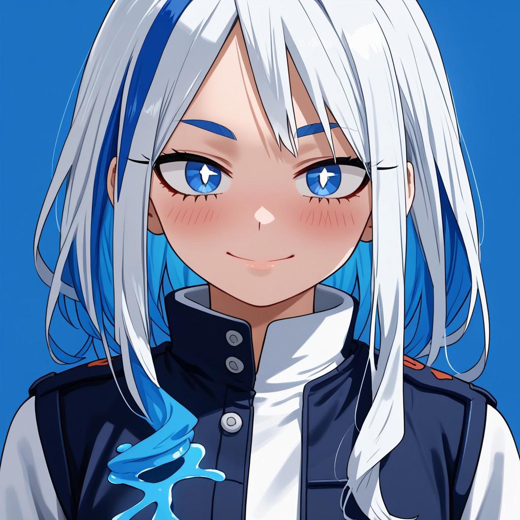 mha, my hero academia, anime, young, woman clothes, standing, looking at viewer, 1girl, solo, long blue hair, blue eyes, smile, multicolored hair, hair behind ear, streaked hair, white hair, jacket, blue background, simple background, two-tone hair, closed mouth, white shirt, Blue thick eyebrows, makeup, blush, liquid hair, blue white pupils, Blue Birds hair, close-up, you look nice, :)