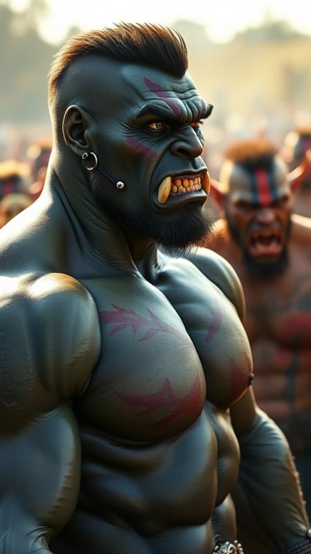 A full-body view of a roided-out oiled orc with prominent lower canines and rippling muscles intensely looking off to the side with out-of-focus orcs of different skin tones in the background, warpaint, and facial and body piercings, with the sun highlighting individual fine sparse facial hairs and light bloom and lens flare. He is exhaling a fine spray of condensation and spit in the cold morning air. 
