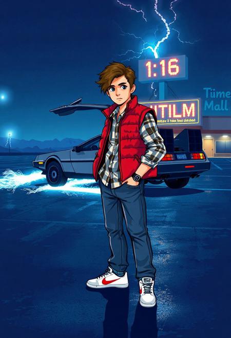 pixel art image inspired by 'Back to the future,' featuring the iconic DMC DeLorean. To the right, A teenage boy with a confident, slightly rebellious attitude. He has a lean build, short brown hair styled in a casual, feathered manner, and expressive eyes. He wears a signature layered outfit: a red puffer vest over a light blue denim jacket, with a white and black plaid button-down shirt underneath. His jeans are slightly faded and straight-cut, and wears white Nike sneakers with red swooshes. On his wrist is a digital watch.
A dramatic, cinematic nighttime scene outside the Twin Pines Mall parking lot, glowing under the harsh, bluish light of overhead street lamps. The vast, empty lot stretches into the distance, wet pavement reflecting the cool light and adding a glossy sheen. In the background, the DeLorean is parked with its gull-wing doors open, steam and sparks rising from its body as it emits glowing blue electrical arcs. Its tires glow with fire trails, hinting at a recent jump through time. Behind it, the mall sign reads “Twin Pines Mall” with the time "1:16 AM" lit in digital numbers. The horizon glows faintly with lightning flashes, and distant mountains loom in silhouette. the atmosphere capture the thrill and mystery of time travel. limited retro color palette (8-bit or 16-bit), dithering for shading, and clean, blocky pixel lines for a nostalgic 80s-90s video game aesthetic. Keep details simplified with visible pixels for an authentic pixel art style.