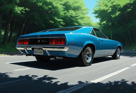 (studio ghibli digital drawing), best quality, masterpiece, extremely detailed,  professional  art,  professional painting, an extremely delicate and beautiful, dynamic,  great lighting, perfect shading, professional shading, depth of field,   side soft light, elegant, gorgeous, highly detailed,   full shot, uncropped,   pure genious, absolutely perfect,  highly detailed, breathtaking, muscle car, sleek and elegant, dynamic turn around a corner, beautiful coastal road,