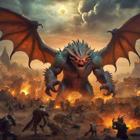 monster, A devastating fantasy battle of massive armies, emanating explosive power, killing people and dragons in the distance flying, causing havoc on the lands, Fantasy Celestial Setting, Comic book art