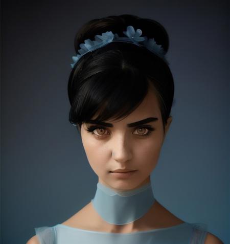 portrait of zxzxtuba wearing light blue transparent tulle dress,  long tulle  sleves,  tulle headdress with flower on top her head, looking camera, centered, blue on dark blue, front profile, front view, serious eyes, hard rim lighting photography,brown eyes,((black hair))),symmetric face,
   <lora:tuba09:1.5>,