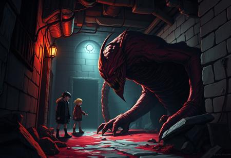 "Create a highly detailed, hyper-realistic digital painting in the style of Batman comics and Studio Ghibli films, incorporating the golden ratio and micro details. The scene features a dark red, slimy monster named Kingpin in a dimly lit basement, with teen titans and a shadow cast from a dark corridor. Use vibrant colors, cinematic lighting, and sharp focus to emphasize the intricate textures and illustrative elements, akin to the work of artists like Alphonse Mucha, Makoto Shinkai, Hideaki Anno, Geoffroy Thoorens, and Wlop, in 8K resolution."