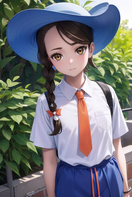 pokemonjuliana, <lyco:pokemonjuliana-lyco-nochekaiser:1>,
pokemonjuliana, braid, (brown eyes:1.5), brown hair, hair ornament, hairclip, side braid, single braid, swept bangs,
BREAK backpack, bag, black footwear, blue headwear, blue shirt, breast pocket, collared shirt, hat, kneehighs, naranja academy school uniform, necktie, orange necktie, orange shorts, pocket, school uniform, shirt, shoes, short sleeves, shorts, socks, striped, striped shorts, sun hat, white socks
BREAK looking at viewer, full body, (cowboy shot:1.5),
BREAK outdoors,,
BREAK <lyco:GoodHands-beta2:1>, (masterpiece:1.2), best quality, high resolution, unity 8k wallpaper, (illustration:0.8), (beautiful detailed eyes:1.6), extremely detailed face, perfect lighting, extremely detailed CG, (perfect hands, perfect anatomy),