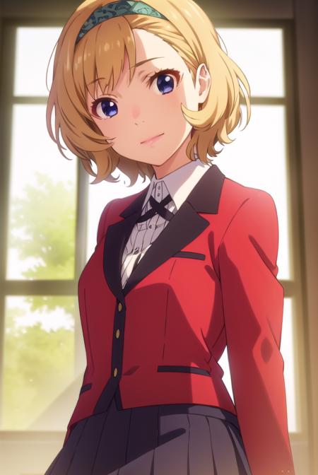 itsukisumeragi, <lora:itsuki sumeragi s2-lora-nochekaiser:1>,
itsuki sumeragi, short hair, blue eyes, blonde hair, braid, hairband, smile,
BREAK skirt, shirt, school uniform, jacket, white shirt, pleated skirt, collared shirt, black skirt, blazer, (red jacket:1.5),
BREAK indoors, classroom,
BREAK looking at viewer, (cowboy shot:1.5),
BREAK <lyco:GoodHands-beta2:1>, (masterpiece:1.2), best quality, high resolution, unity 8k wallpaper, (illustration:0.8), (beautiful detailed eyes:1.6), extremely detailed face, perfect lighting, extremely detailed CG, (perfect hands, perfect anatomy),