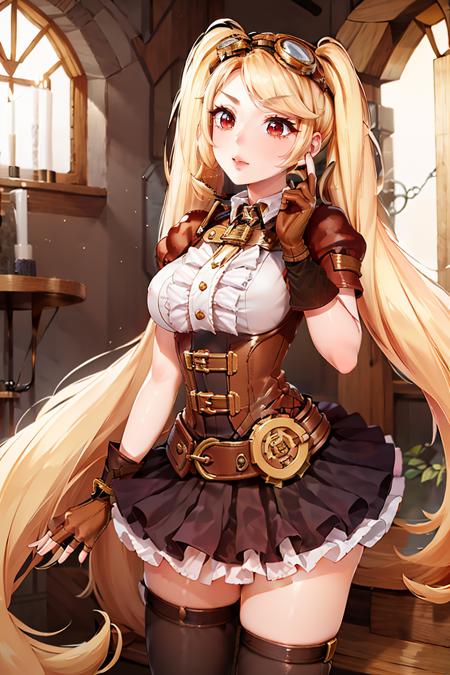 <lora:Puppypaww_Style:0.8>,((masterpiece,best quality)), absurdres,  <lora:Layla_ML_v2:0.8>, Layla_ML,  solo, 1girl, twintails, blonde, blonde hair, long hair, very long hair, red eyes, goggles, goggles on head, gloves, thighhighs, skirt, short sleeves, fingerless gloves, puffy sleeves, brown gloves, puffy short sleeves,