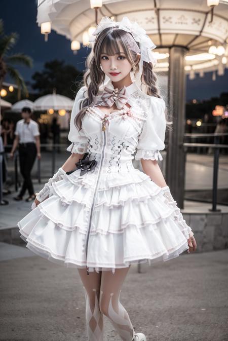 realistic, photorealistic, masterpiece, best quality, ultra high res, cool_dress, white argyle pantyhose, 1girl, solo, full body, bangs, long black hair, looking at viewer, cute, smile, detailed background, amusement park rides and attractions in background, night,<lora:cool_dress_style3_v8:0.8>, <lora:chinaDollLikeness_v10:0.2>, <lora:Cute Asian Face:0.6>