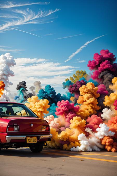 colorful_fumes, a car parked in the parking lot of a gas station <lora:colorful_fumes:0.8>, <lora:add_detail:0.5> <lora:realistic:0.5>