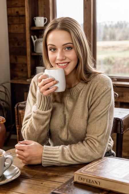<lora:TerezaFoxSD:0.8>,  A young woman in a cozy vintage café, wearing a sweater and having a steaming cup of coffee. Sunlight streams through large windows, illuminating her serene expression. Rustic furniture, antique decor, shelves with books and jars, soft golden lighting, tranquil atmosphere. RAW photo, soft lighting, 8K UHD, DSLR, film grain, Nikon D850.