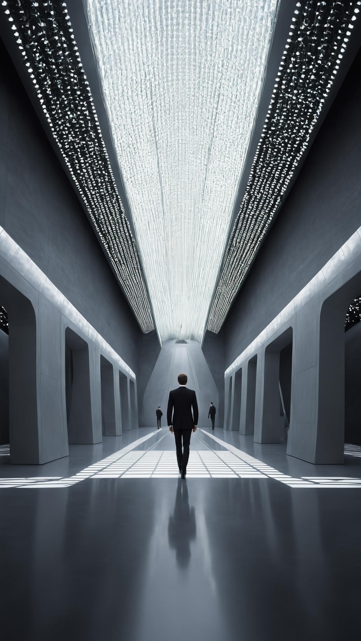A man walking down an empty hallway with lights above.
