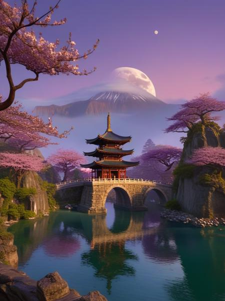 <lora:06NatureArt_Hap_XL:3.9>, Albert Bierstadt style,  fantasy landscape, floating islands, asian-inspired architecture, arch bridge, ethereal ambiance, cherry blossoms, pagoda-style temple, grand archway, twilight sky, moon, mystic energy, purple hues, serene, cascading waterfalls, cliffside vegetation, otherworldly, artistic brushstrokes, wispy clouds, glowing lanterns, floating petals, tranquil water, rock formations, focal point warrior figure, energy crystal, expansive view, harmony with nature, intricate detailing, specular highlights, scenic beauty, atmospheric perspective, sense of scale, depth of field, panoramic format, imagined world, peaceful, no humans, multimedia art., masterpiece, very aesthetic, newest, cartoon style,