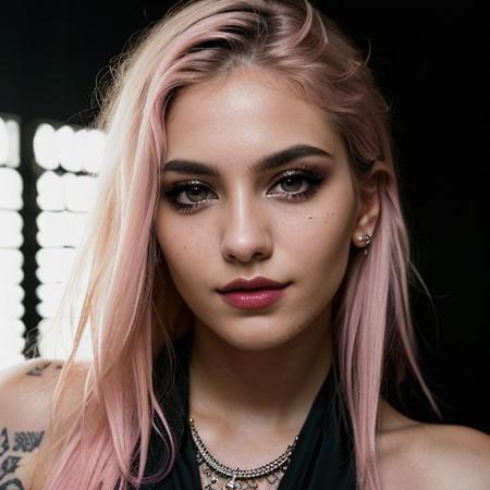 (a cute girl, 22 years old, pale skin ,  pink hair ,skinny:1.1),(big boobs , small nipples, Colombian hipster girl, edgy vibe, dark, mascara, eyeliner, dark cheeks, expressive lips, Unique facial piercings, alluring necklace, stylish sexy streetwear, alluring thighs, aesthetic tattoos on her body, almond shaped eyes, Dimples, strong eyeliner eyes ,Defined jawline, skin pores )