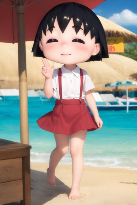 chibi, cbmrk, suspenders, black hair, short hair, red skirt, white shirt, smile, beach <lora:chibi_maruko-000003:1>