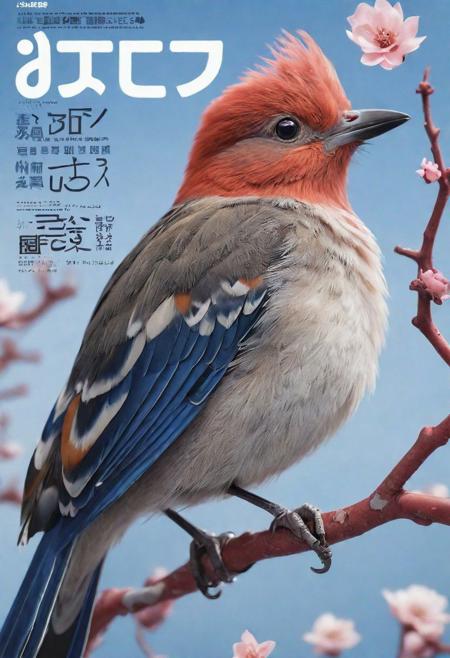 magazine cover, japanese text, bird, clos-up, 3D animation style, randomize bird,