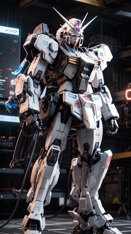 bj_Gundam_Mecha,solo,blue_eyes,standing,no_humans,glowing,robot,mecha,clenched_hands,science_fiction,looking_ahead,v-fin,mobile_suit,
cinematic lighting,strong contrast,high level of detail,Best quality,masterpiece,<lora:Gundam_Mecha:0.7>,