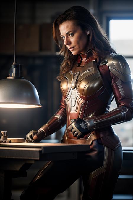 tonya stark building an iron woman suit in her high-tech workshop, RAW photo, soft interior light, 8k uhd, masterpiece, award winning, volumetric lighting