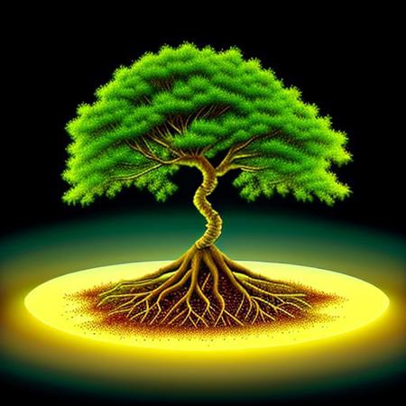 highly detailed, high quality, round tree, floating glowing tree, roots, above transparent water,