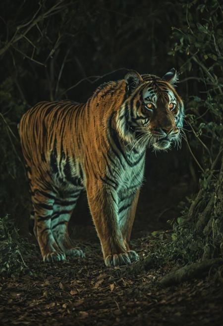 Tiger with glowing eyes, luminescent, spooky, full moon night in woods