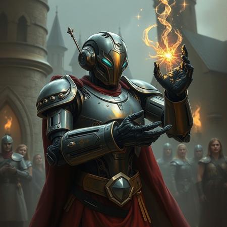highly detailed, a high-tech robot in a medieval world conjuring a spell, the robot contrasts with the world around it