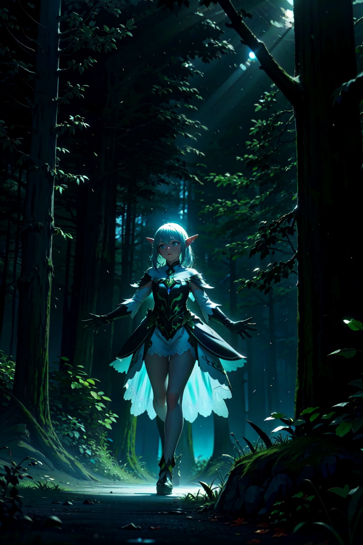 an elf ventures stealthily through a moonlit forest, shrouded in darkness. Bathed in the ethereal glow of iridescent light...