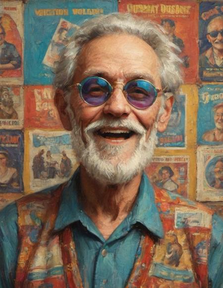 portrait of a cheerful bohemian old man with a goatee in multi-colored sunglasses and retro clothing background wall covered in old concert posters