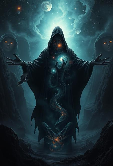 A universe inside a dark cloaked figure within mysterious landscape in an unfathomable realm of fantastic creation inhabited by ancient shadows of a forgotten time beyond the gate of the gateless gate where life is limitless, light is shadow and shadow is light, eerie sense, horror, spark of the beginning, existence and nonexistence at once, ethereal, outstretched arms, behold the end of the beginning