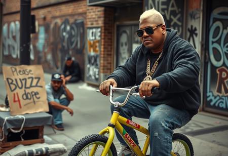 “Create a highly detailed, realistic photographic image captured with an aspherical Panavision 105mm lens effect. The scene features a big, heavyset rapper with a bold hip-hop style, inspired by Snoop Dogg and 50 Cent, riding a small, colorful young boy’s bicycle. The rapper has short, platinum blonde hair, adding a unique edge to his look. He wears large gold chains with diamond accents, oversized sunglasses, and a fitted cap turned slightly to the side. His outfit includes a baggy hoodie, jeans, and classic sneakers, with visible tattoos on his forearms. His expression is cool and confident, capturing classic hip-hop swagger. Nearby, a man sits on the sidewalk, casually smoking crack, adding to the gritty atmosphere of the scene. A cardboard sign on the wall reads, ‘Please BUZZ me 4 dope,’ enhancing the urban vibe. In the background, set in the Bronx, is a gritty urban environment with graffiti-covered walls and a hint of street activity, including someone discreetly smuggling a small, suspicious package. The scene combines realism with a dramatic urban vibe, highlighting hip-hop culture and the street’s raw atmosphere.”