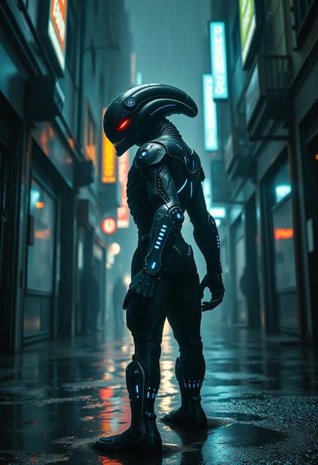 A gritty, photorealistic science fiction film style. Dark, moody ambiance with neon highlights and volumetric fog. A low-angle, medium shot of a menacing alien warrior standing in a dystopian city alleyway. The alien has bio-luminescent markings and sleek black armor with glowing blue circuitry. Rain is slicking off the armor, with puddles reflecting the city lights. The alien turns its head, revealing glowing red eyes and a snarling expression.